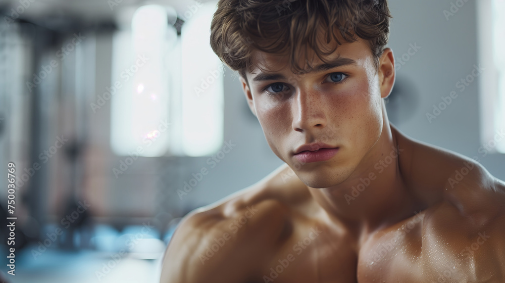Intense Young Athlete in Gym Setting, Focused Teen Bodybuilder with Blue Eyes Intense Young Athlete in Gym Setting, Focused Teen Bodybuilder with Blue Eyes
