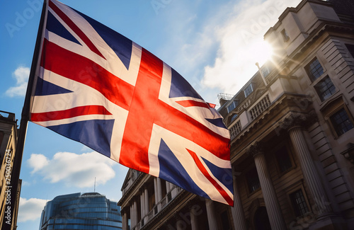 Flag of Great Britain, United Kingdom. City of London flag background. London Big Ben, Elizabeth tower in England. Flag of England and the United Kingdom, UK. Great Clock and Union Jack of England photo