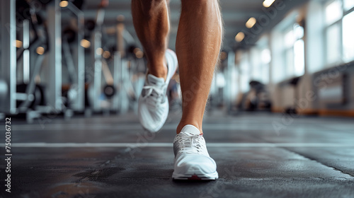 Runner's Stride, Athletic Male Legs in Motion at Gym, Focus on Running Shoes
