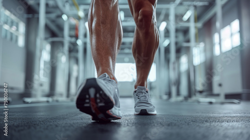 Determined Athlete Walking in Gym, Close-up of Toned Legs and Sport Shoes photo