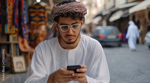 An arabian man is using smartphone for seeing eid ul fitr shopping offer