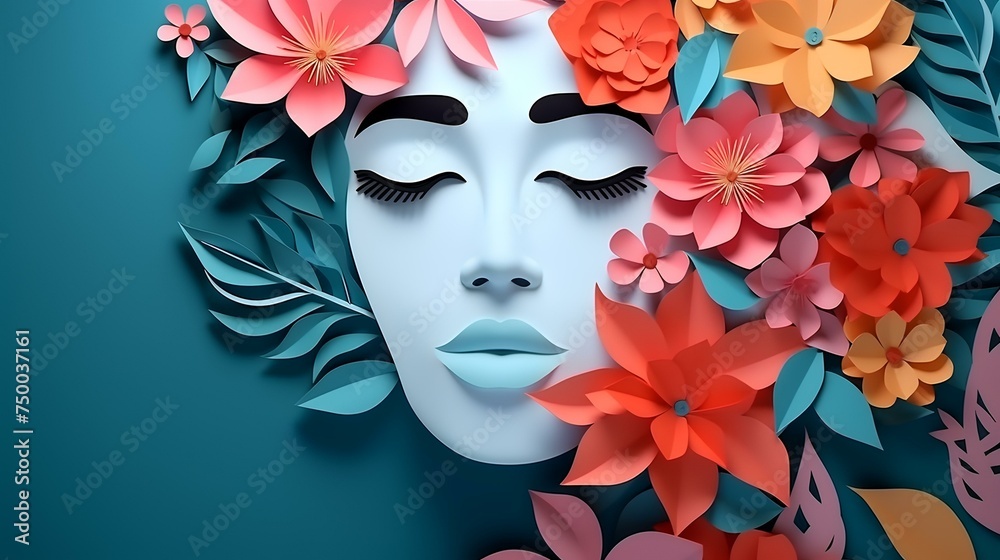 Illustration of face and flowers style paper