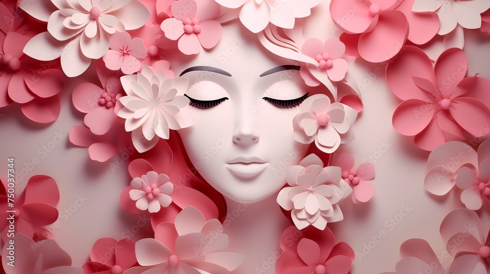 Illustration of face and flowers style paper
