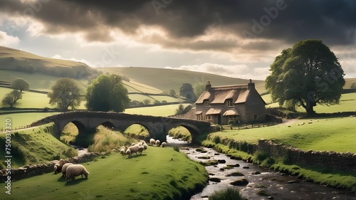 English Countryside, Shire in the Dale, a small winds down from one side of the dale, crosses a creek by way of a stone bridge and splits, thatch roof house of stone, sheep grazing, gritty and dramati photo