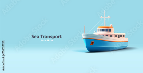 3d realistic passenger vacation boat cartoon illustration of vessel for fishing, blue and white colors