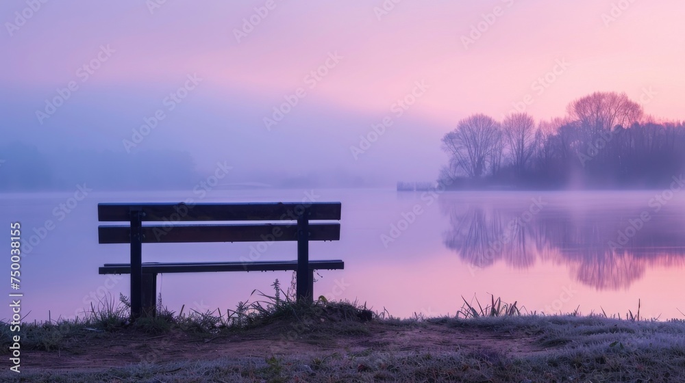 A serene early morning scene featuring a solitary bench facing a calm, misty lake under the gentle colors of a dawn sky.