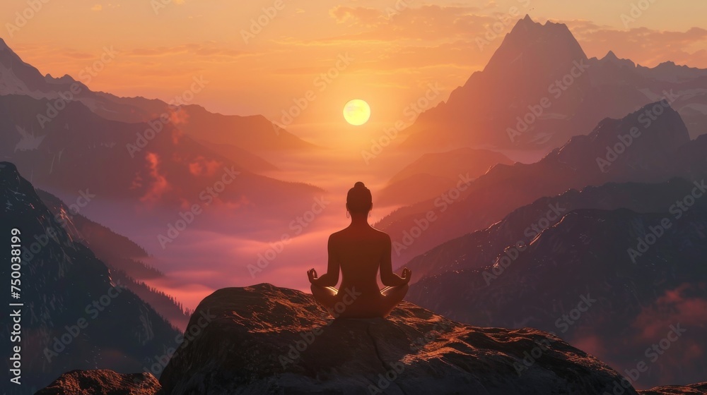 The silhouette of a person meditating on a mountaintop with a breathtaking sunrise unfolding over a range of majestic mountains.