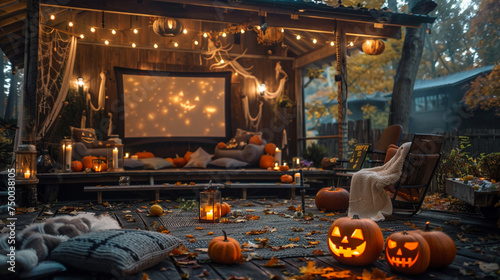 Transform your porch into a Halloween movie night haven, complete with blankets, pillows, and a lineup of spooky films for a chilling outdoor cinema experience. photo