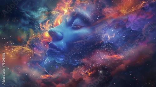 Artistic representation of a woman's profile seamlessly merging with the vivid cosmos, symbolizing unity with the universe.
