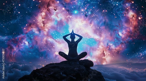 A silhouette of a person in a yoga pose perched atop a mountain  set against a dramatic backdrop of a colorful cosmic nebula.
