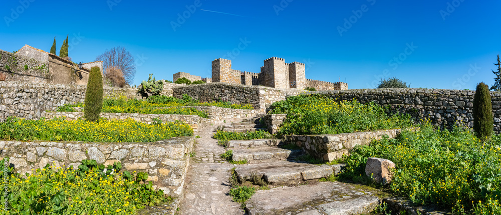 Panoramic view of the medieval castle of Trujillo in the city of Trujillo.