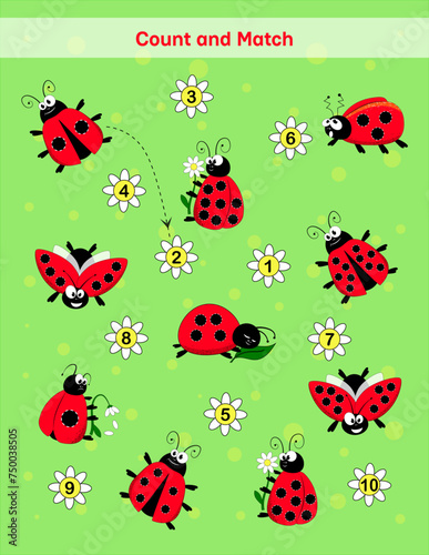Count and match kids math activity sheet. How many counting game with ladybugs dots. worksheet for preschool kids, kids activity sheet, printable worksheet