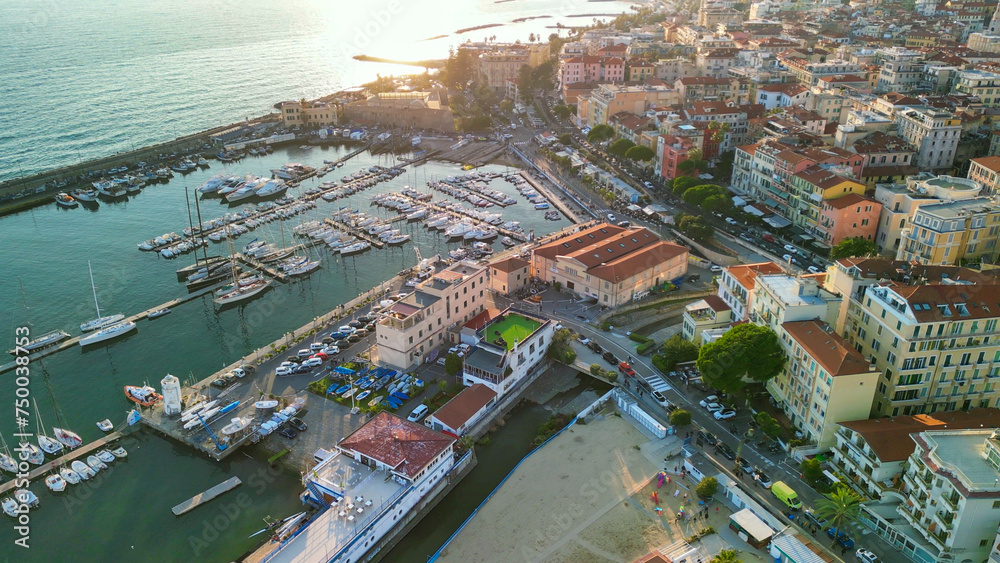 Fototapeta premium Sanremo, Italy. Aerial view of city port and skyline
