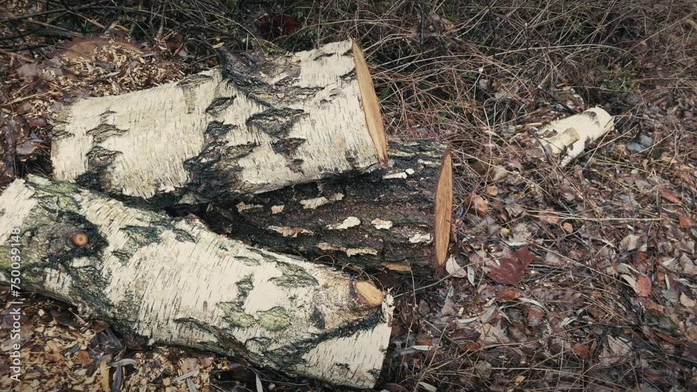 Cutted white birch trees. White Firewood in the middle of the forest. Wooden stumps. Some of them have crevices and cracks Cutted white birch trees. White Firewood in the middle of the forest. Wooden stumps. Some of them have crevices and cracks