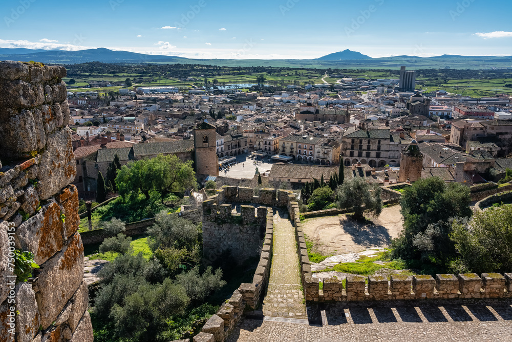 Panoramic view of the monumental city of Trujillo from its medieval castle, Extremadura.
