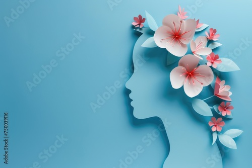 World mental health awareness day. Paper cut out woman head and flowers © Iryna