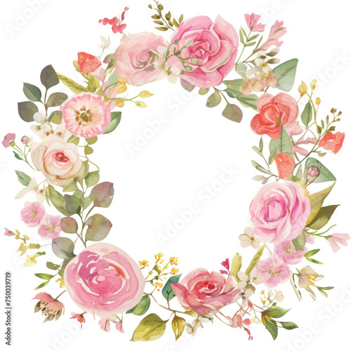 Watercolor floral wreath with flowers and leaves. Wreath, floral frame, watercolor flowers, Isolated on white background. Perfectly for greeting card design. photo