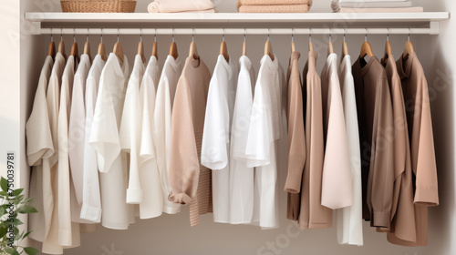 Assortment of shirts and blouses in neutral tones hangs on hangers in closet © Top AI images