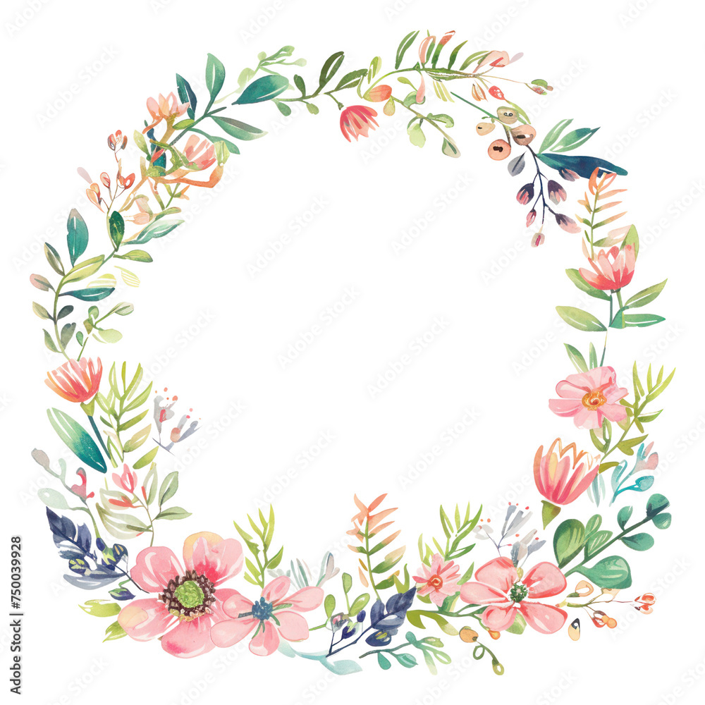 Watercolor floral wreath with flowers and leaves. Wreath, floral frame, watercolor flowers, Isolated on white background. Perfectly for greeting card design.