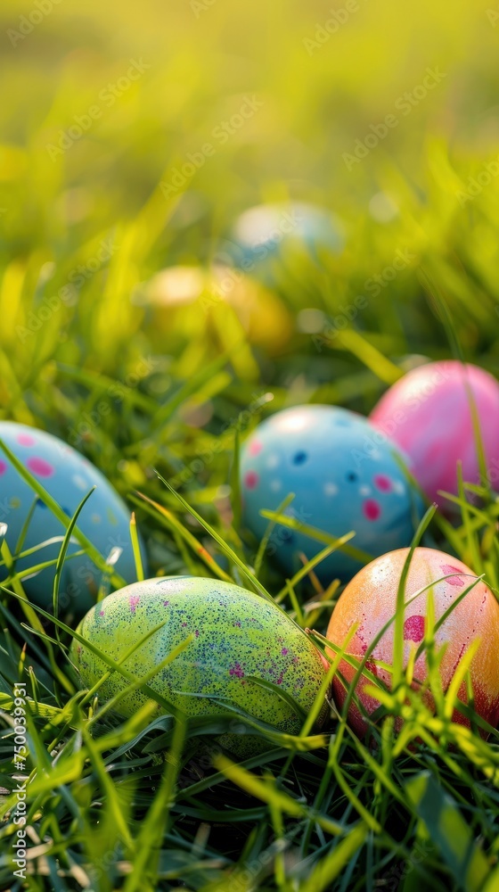 Colorful easter eggs on the green grass