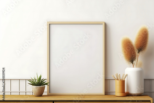 Mockup poster frame close up and accessories decor in cozy white interior background