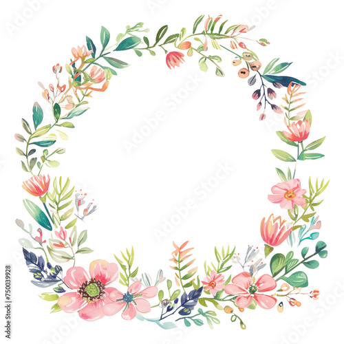 Watercolor floral wreath with flowers and leaves. Wreath, floral frame, watercolor flowers, Isolated on white background. Perfectly for greeting card design. © Samita