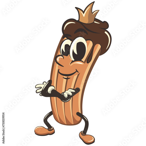 churro cartoon vector isolated clip art illustration mascot with a king's crown folding his arms calmly, work of handmade
