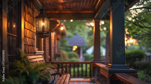 A close-up of a craftsman porch, featuring a wooden bench, a hanging lantern, and intricate woodwork, inviting you to relax and enjoy the suburban ambiance.