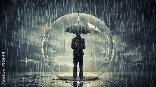 A figure shrouded in solitude, standing under an umbrella within a clear bubble amidst a downpour, metaphorically reflecting the challenges of mental health and the feeling of being misunderstood.