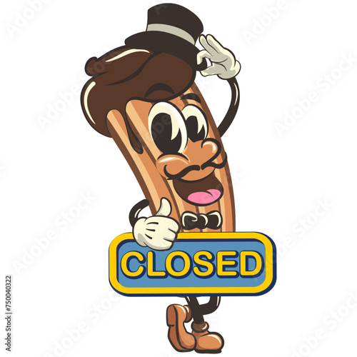 churro cartoon vector isolated clip art illustration mascot carrying a sign that says closed, work of handmade