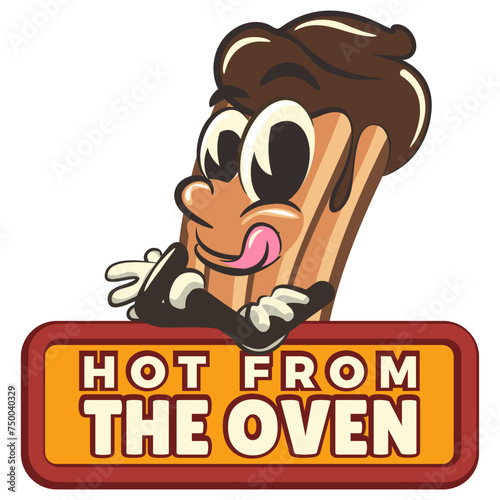churro cartoon vector isolated clip art illustration mascot carrying a sign that says hot from the oven, work of handmade