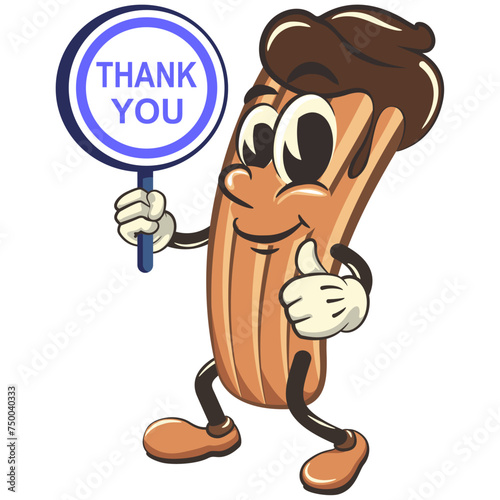 churro cartoon vector isolated clip art illustration mascot carrying a sign saying thank you, work of handmade