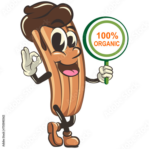 churro cartoon vector isolated clip art illustration mascot carrying a sign that says one hundred percent organic, work of handmade