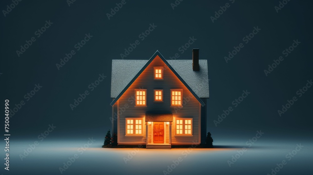 Small House With Red Door and Lit Windows at Night Small House With Red Door and Lit Windows at Night