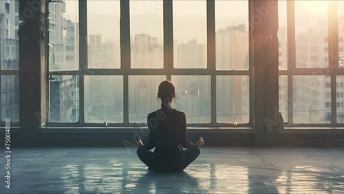 Young woman is meditating in stylish minimalistic environment. Luxury interior. The concept of health care, yoga and relaxation. Ai-generated.