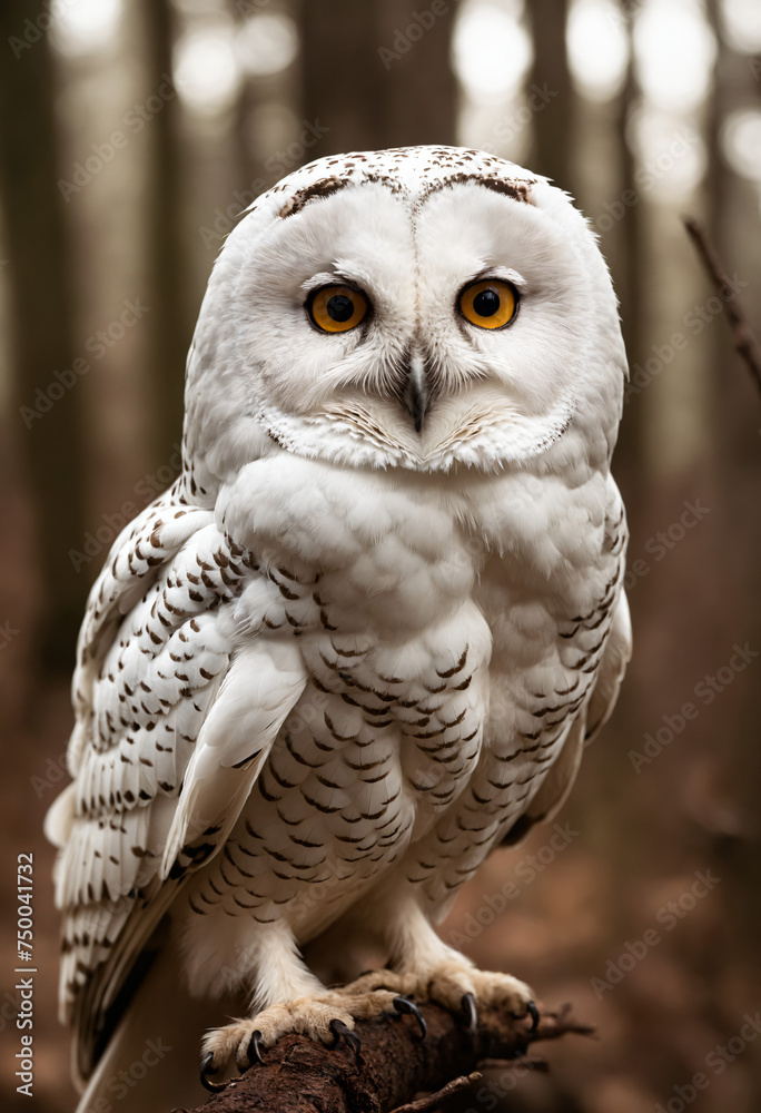 Obraz premium A white owl in the thicket of the forest looks with interest