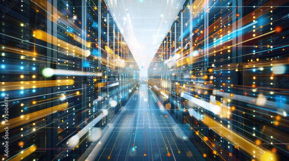 Obraz premium An abstract representation of a hallway filled with bright lights casting strong shadows, creating a dynamic visual effect