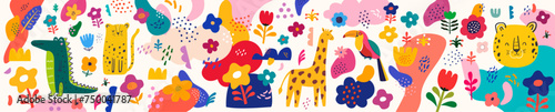 Vector illustration with cute animals, abstract elements and flowers. Nursery baby pattern illustration © moleskostudio