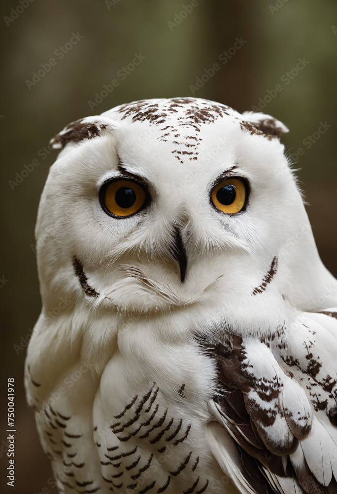 Obraz premium A white owl in the thicket of the forest looks with interest