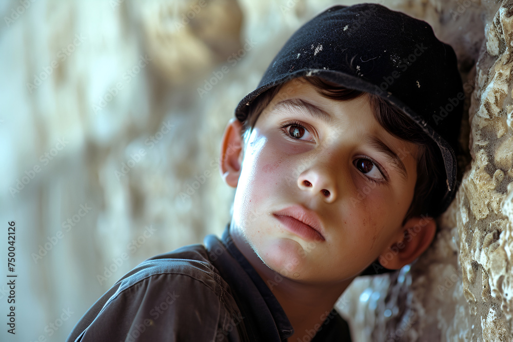 Jewish Orthodox boy engaged in prayer at the Western Wall, capturing a poignant and spiritual moment Jewish Orthodox boy engaged in prayer at the Western Wall, capturing a poignant and spiritual moment