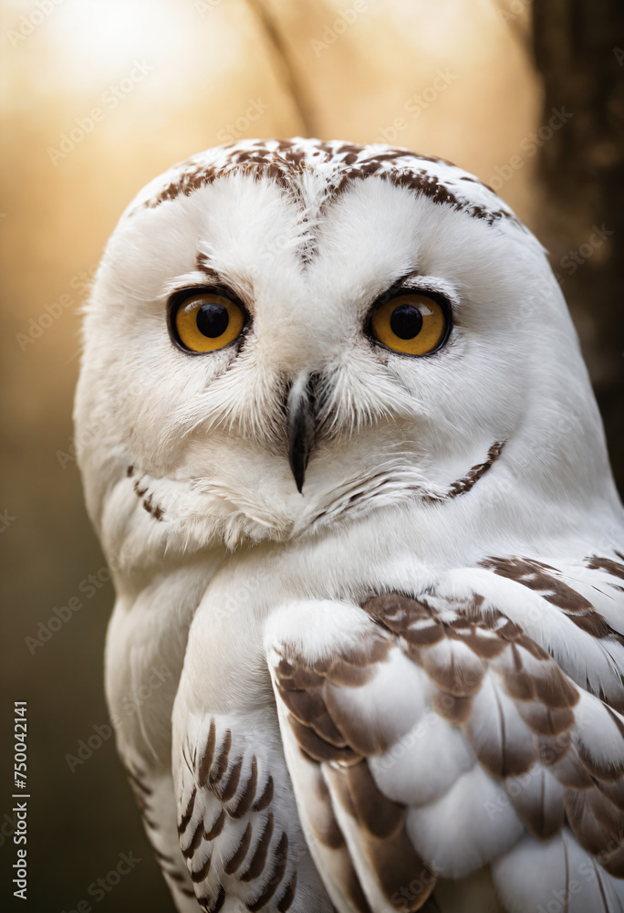 Obraz premium A white owl in the thicket of the forest looks with interest