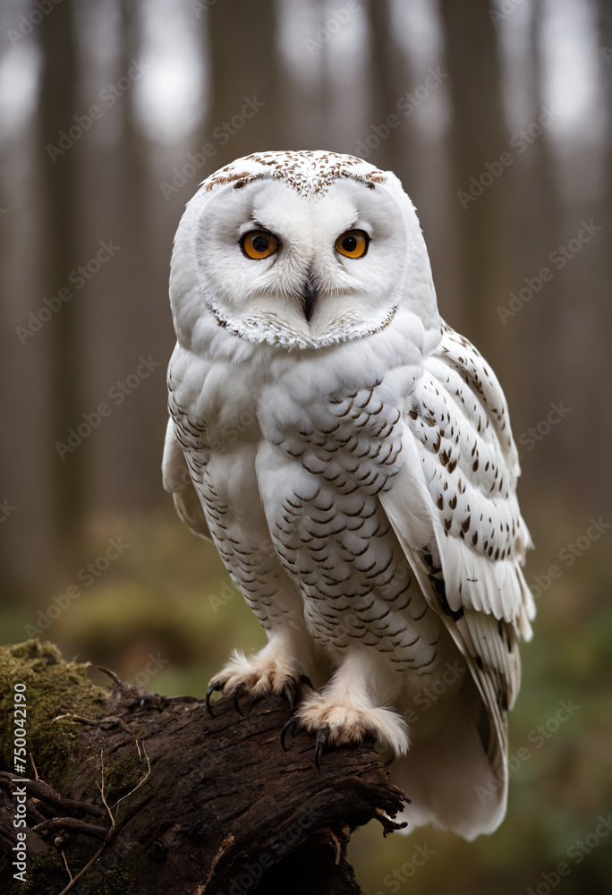 Fototapeta premium A white owl in the thicket of the forest looks with interest