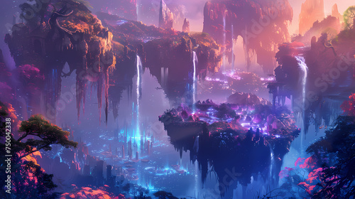 Generative AI, Dreamworld Cascade: Floating Islands and Bioluminescent Glow © caits
