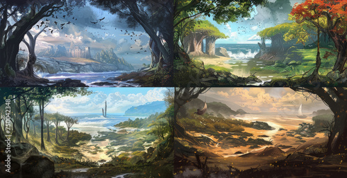 A series of four paintings depicting various scenes in a forest  showcasing different trees  foliage  and wildlife in natural settings