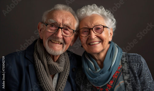 Studio portrait of a happy and serene 75-year-old couple, dressed in modern and stylish clothing with bold colors.