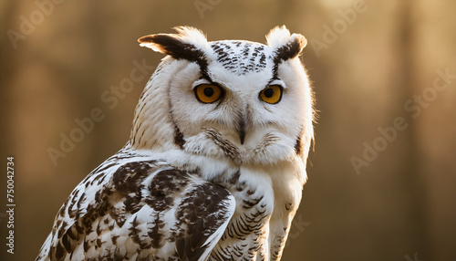 A white owl in the thicket of the forest looks with interest