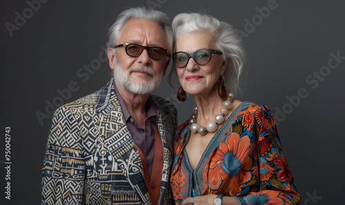 Studio portrait of a happy and serene 75-year-old couple, dressed in modern and stylish clothing with bold colors. © stefanholm