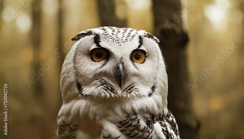 A white owl in the thicket of the forest looks with interest