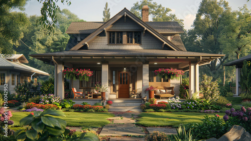 A craftsman-style house with a covered porch, the exterior adorned with hanging flower baskets and a cozy bench, creating an inviting scene in a suburban neighborhood. © Adnan Bukhari