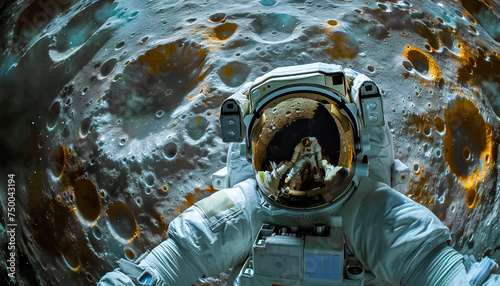 Close-Up of Astronaut with Moon Reflection in Helmet. International Day of Human Space Flight